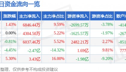 股票行情快报：国电电力（600795）5月25日主力资金净买入6846.44万元