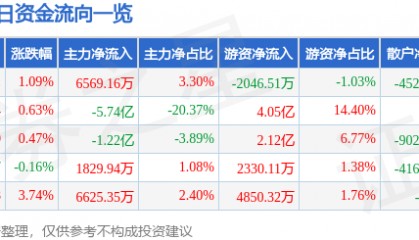 股票行情快报：中国石化（600028）1月30日主力资金净买入6569.16万元