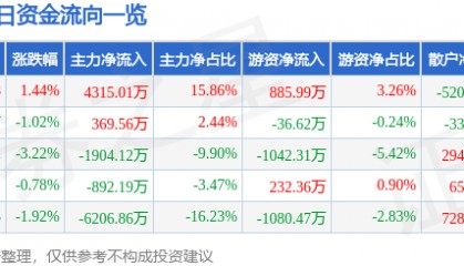 股票行情快报：海鸥股份（603269）4月28日主力资金净买入4315.01万元