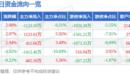 股票行情快报：长亮科技（300348）7月29日主力资金净卖出1123.10万元