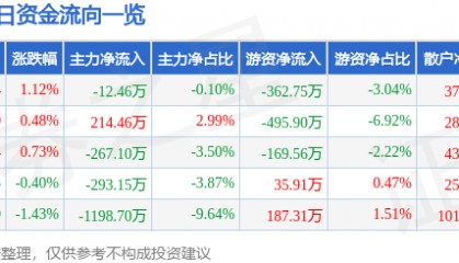 股票行情快报：电科芯片（600877）8月6日主力资金净卖出12.46万元