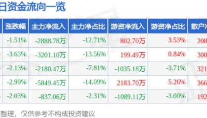 股票行情快报：美锦能源（000723）6月11日主力资金净卖出2888.78万元