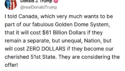 特朗普引诱加拿大：成为第51州，免费用金穹