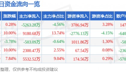 股票行情快报：海鸥股份（603269）3月11日主力资金净卖出5263.28万元