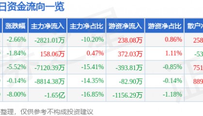 股票行情快报：顺景科技（603007）5月27日主力资金净卖出2821.01万元