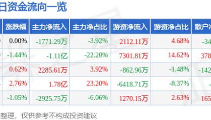 股票行情快报：国电电力（600795）4月13日主力资金净卖出1771.29万元