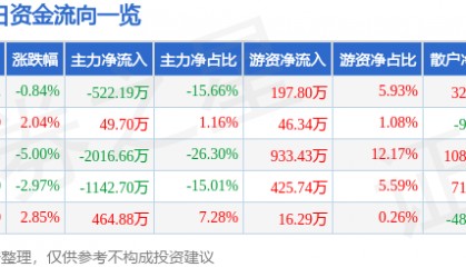 股票行情快报：*ST国华（000004）6月17日主力资金净卖出522.19万元
