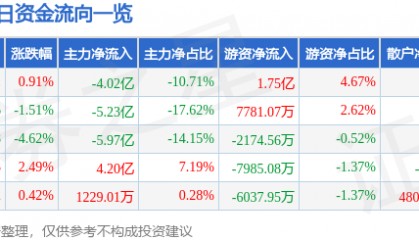 股票行情快报：兴森科技（002436）4月30日主力资金净卖出4.02亿元