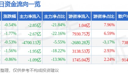 股票行情快报：中国石化（600028）4月20日主力资金净卖出2.85亿元