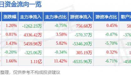 股票行情快报：国电电力（600795）5月13日主力资金净卖出1262.23万元