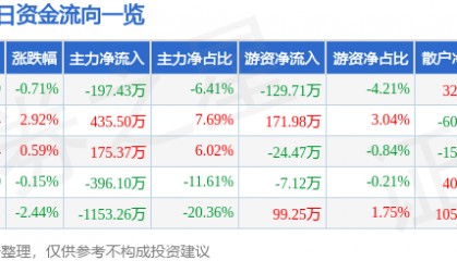 股票行情快报：亚星化学（600319）8月6日主力资金净卖出197.43万元