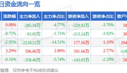 股票行情快报：海鸥股份（603269）2月12日主力资金净卖出285.34万元