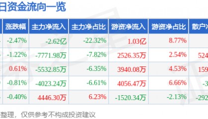 股票行情快报：国电电力（600795）4月30日主力资金净卖出2.62亿元