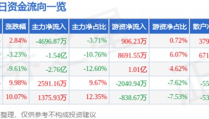 股票行情快报：顺景科技（603007）5月19日主力资金净卖出4696.87万元
