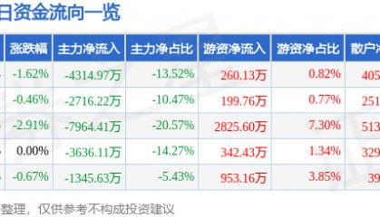 股票行情快报：美锦能源（000723）5月11日主力资金净卖出4314.97万元