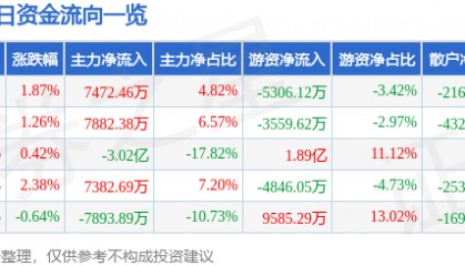 股票行情快报：国电电力（600795）2月27日主力资金净买入7472.46万元