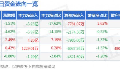 股票行情快报：兴森科技（002436）4月29日主力资金净卖出5.23亿元
