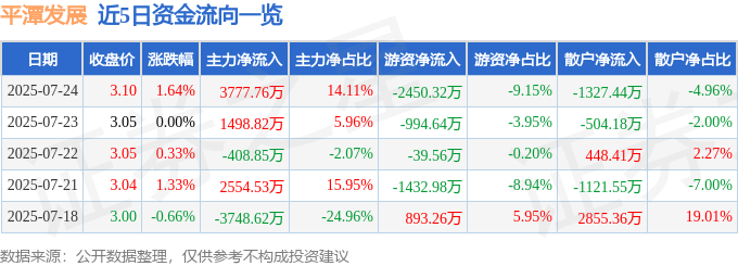 股票行情快报：平潭发展（000592）7月24日主力资金净买入3777.76万元