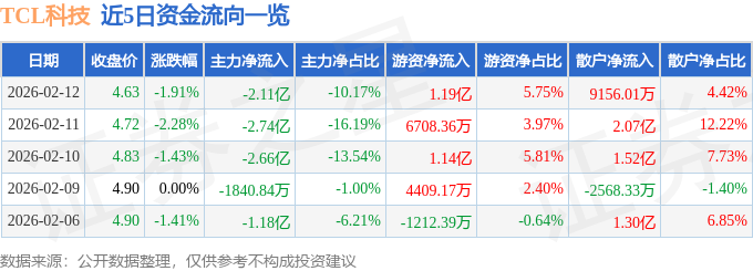 股票行情快报：TCL科技（000100）2月12日主力资金净卖出2.11亿元