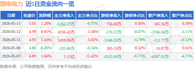 股票行情快报：国电电力（600795）5月13日主力资金净卖出1262.23万元